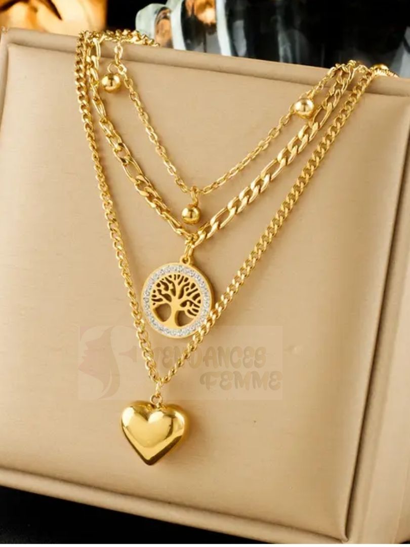 Collier Multi-Rangs Doré avec Pendentif Cœur et Arbre de Vie