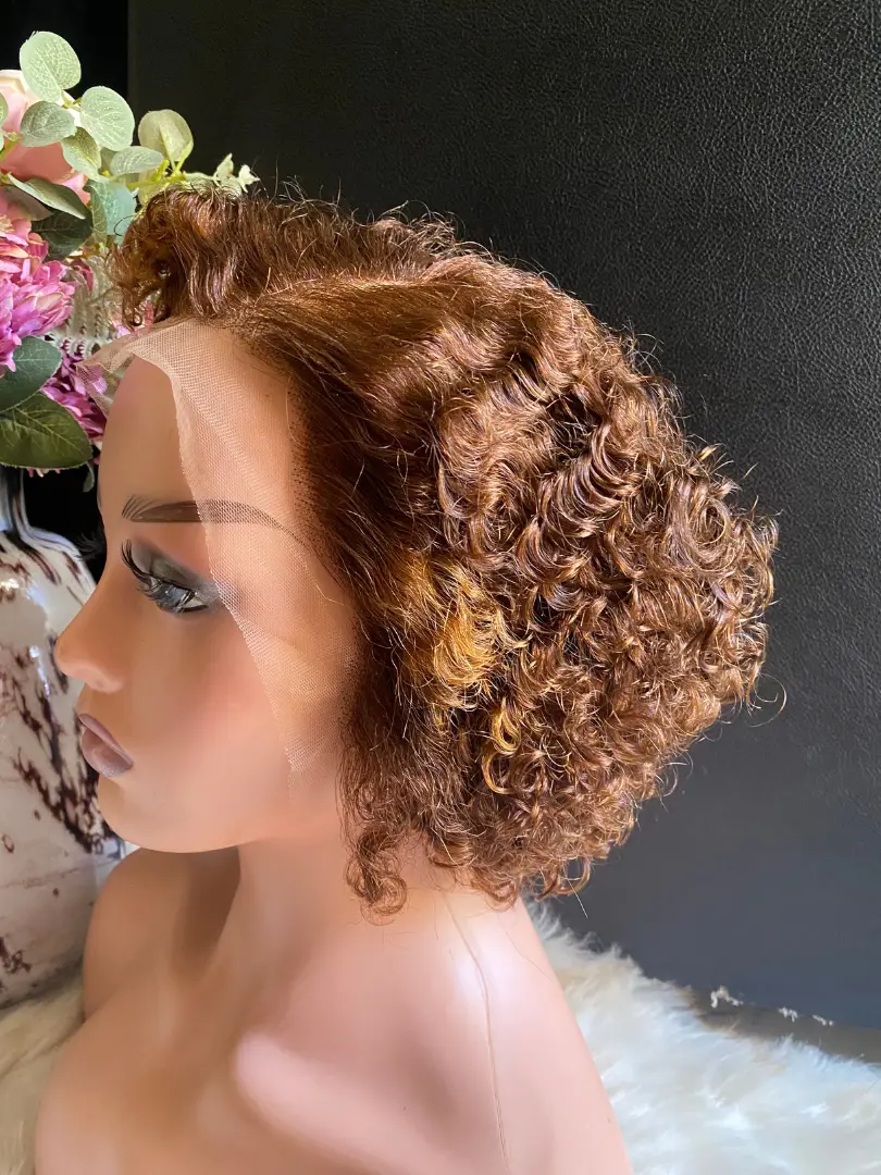 Perruque pixie bouclée 13x4 en cheveux naturels 100% Remy piano cuivré